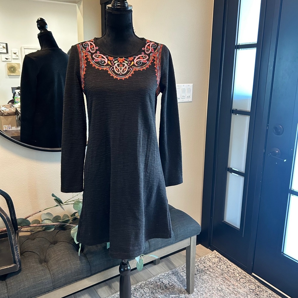 THML Black Embroidered Paisley Neckline Long Sleeve Mini Dress Small